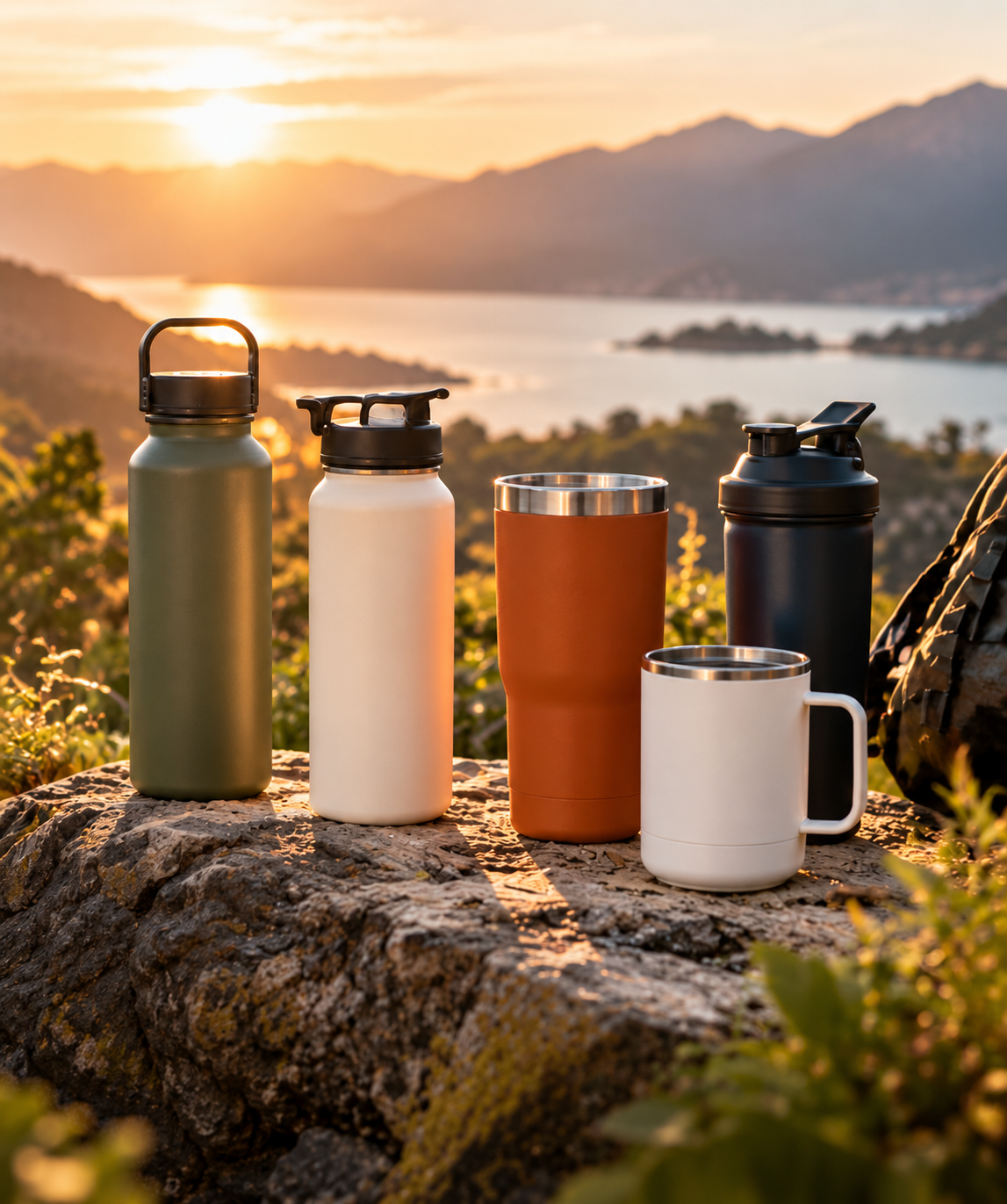 Custom drinkware including water bottles, tumblers, shaker bottles, mugs and bidons