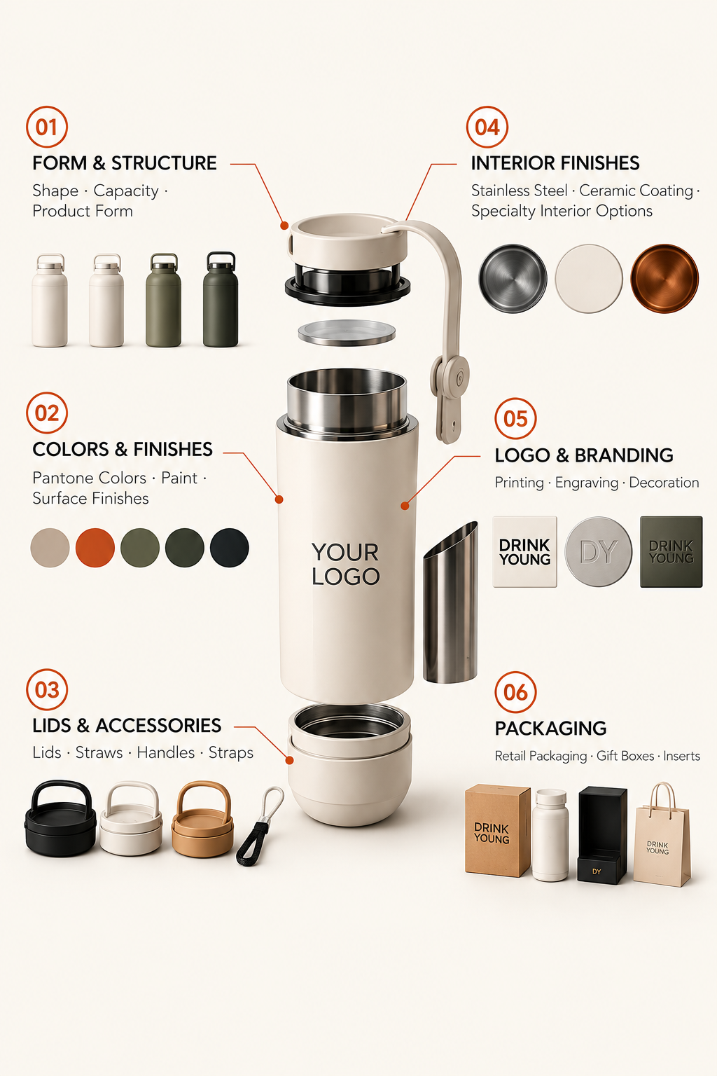Custom drinkware OEM ODM customization options including product form, colors, lids, interior finishes, branding and packaging