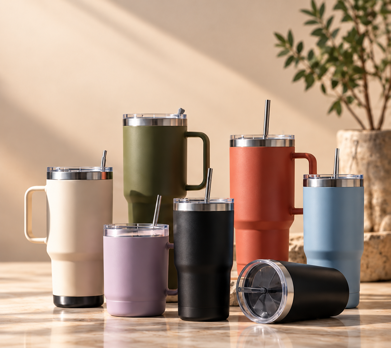 Custom insulated tumblers with different capacities, handles, lids and straws