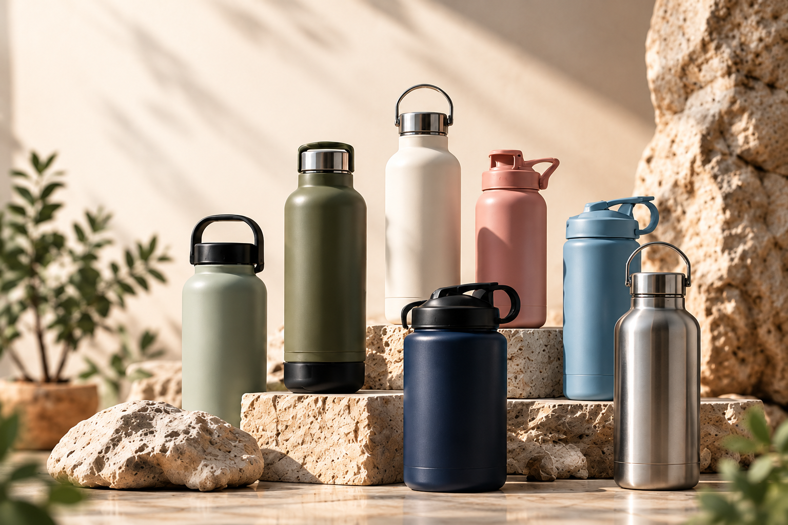 Custom water bottles in multiple materials, colors and lid styles