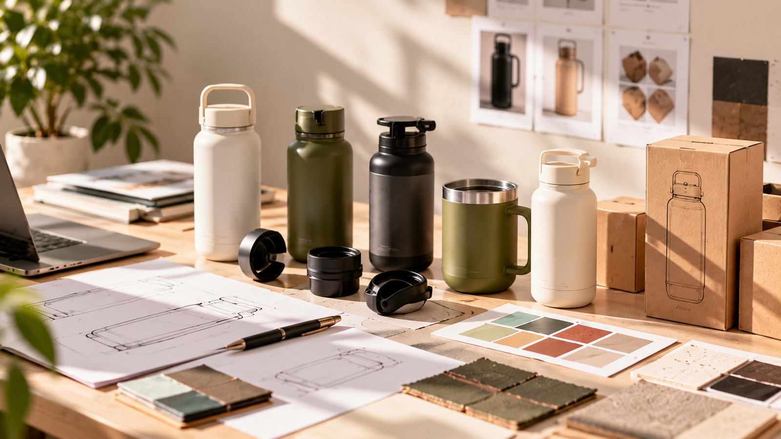 DrinkYoung custom drinkware project planning workspace with bottle samples, packaging, materials and product specifications