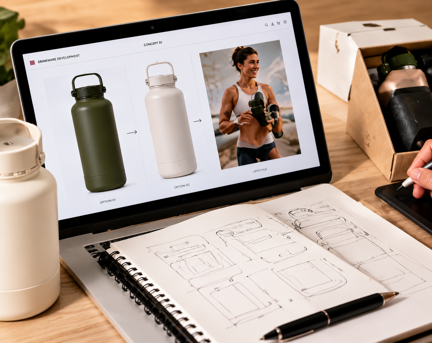 Drinkware product brief development with reference bottle concepts, sketches and product ideas