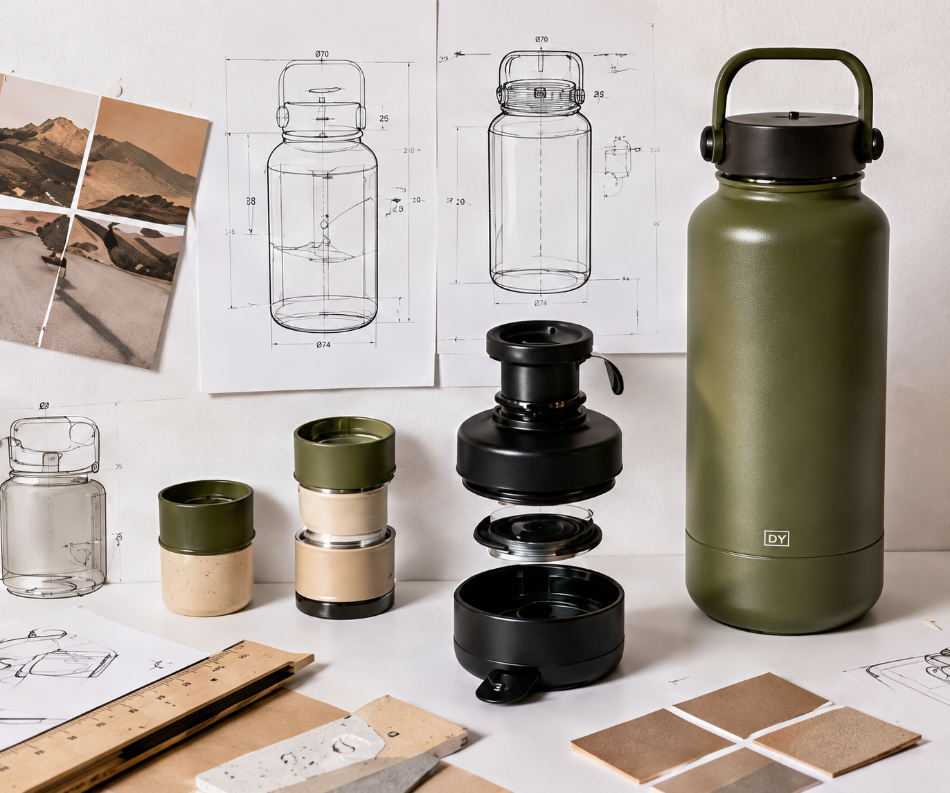 Custom drinkware specification development with bottle blueprint materials lid components and design details