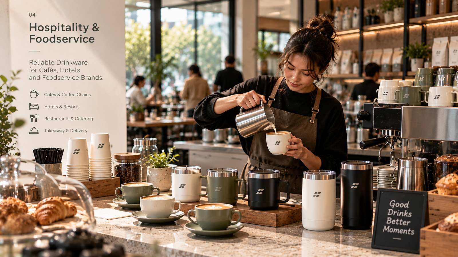 Custom coffee cups mugs tumblers and reusable drinkware for cafes restaurants hotels and hospitality businesses