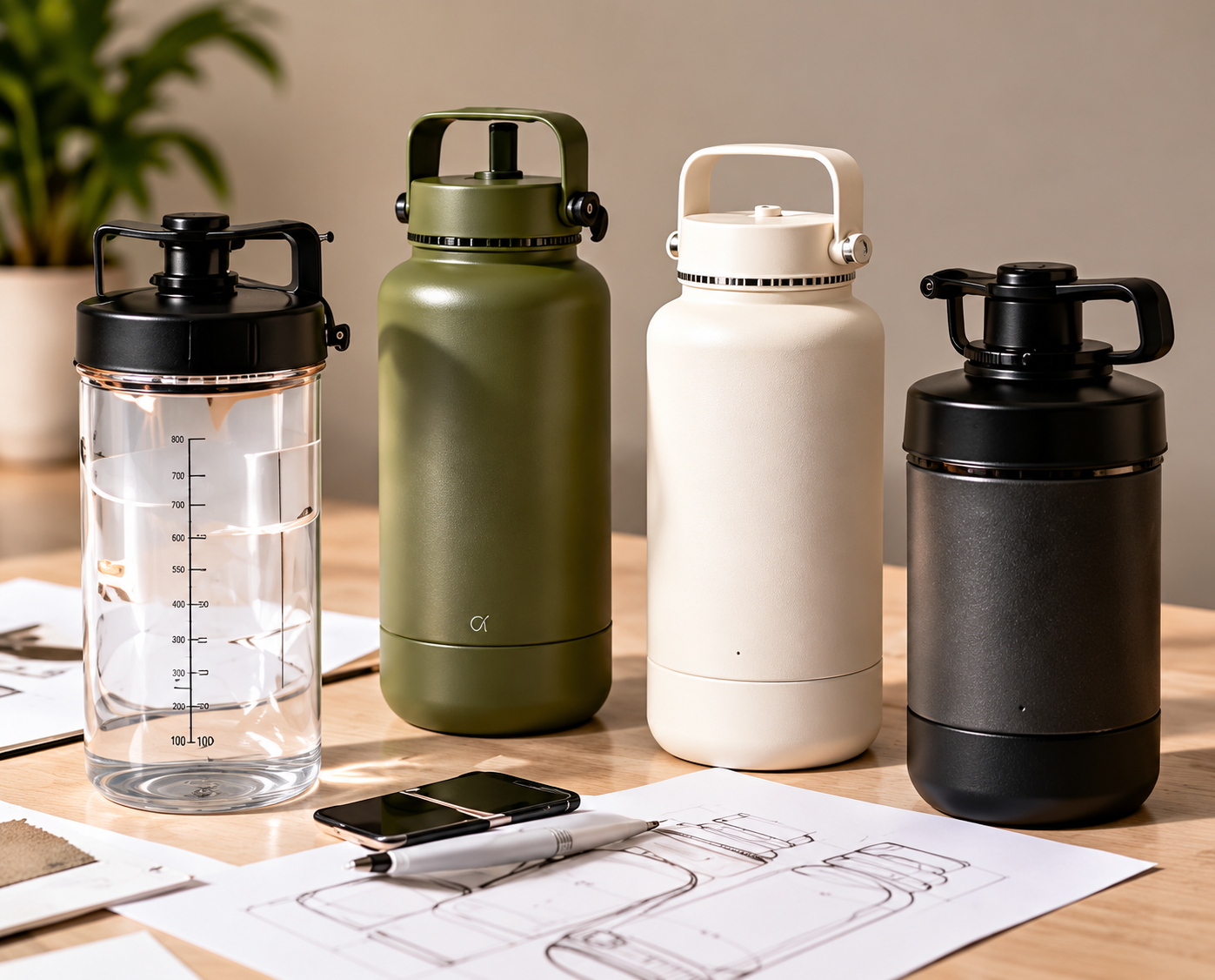 Custom bottle prototype samples used for logo color material and packaging review before production