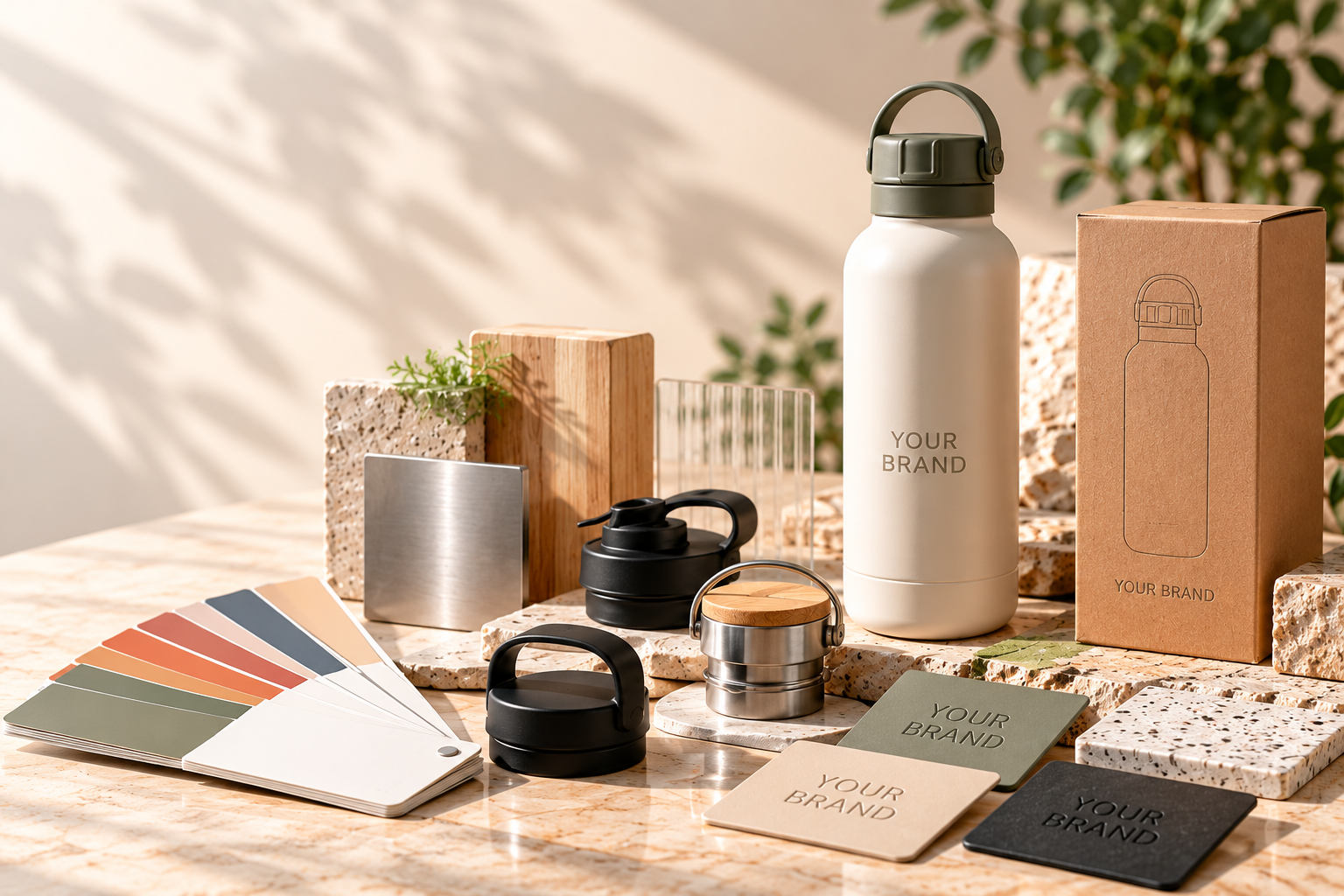 Custom drinkware development with bottle, packaging, materials, colors and branding samples