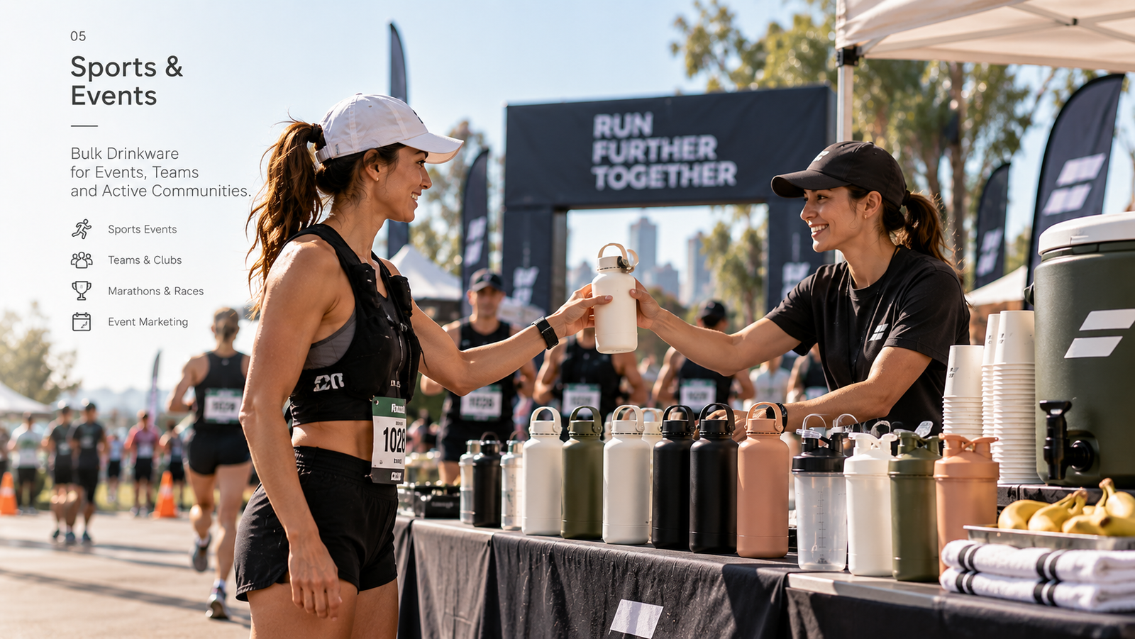 Custom sports bottles and hydration products for races teams sporting events and branded event programs